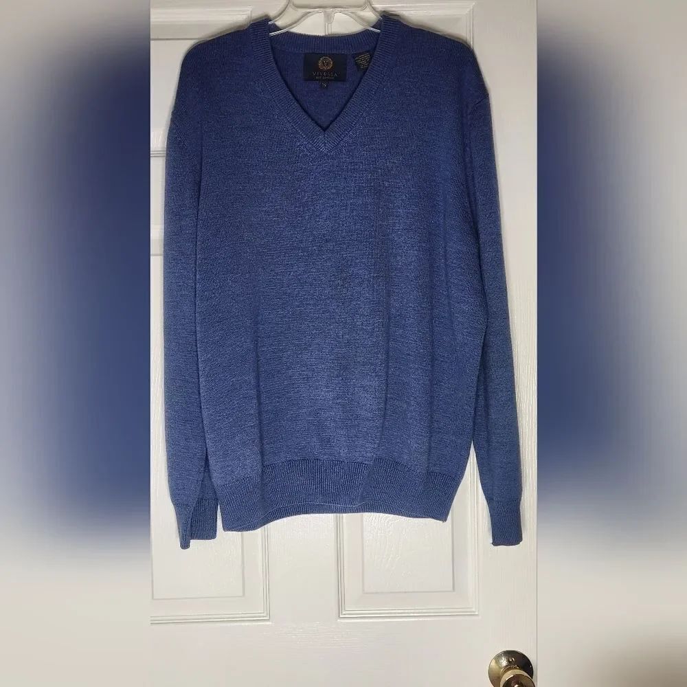Viyella L Blue Steel Knit Longsleeve 100% MERINO WOOL V-neck Men's Sweater
